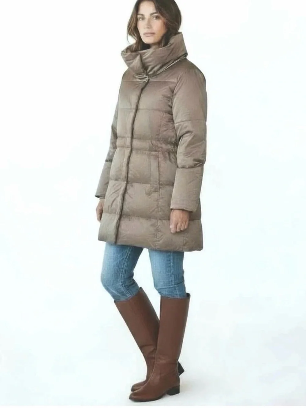 J Jill taupe puffer down fill adjust waist straps parka